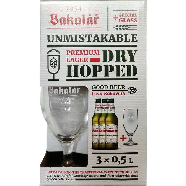 Подарунковий набір пива Bakalar Dry Hopped Lager світле фільтроване 5.2% 0.5 л х 3 шт + 1 келих 0.33 л - фото 2