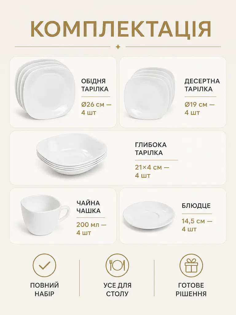 Скляний столовий сервіз на 4 персони 20 предметів, тарілки 26 см, чашки 200 мл, білий (49676278) - фото 8