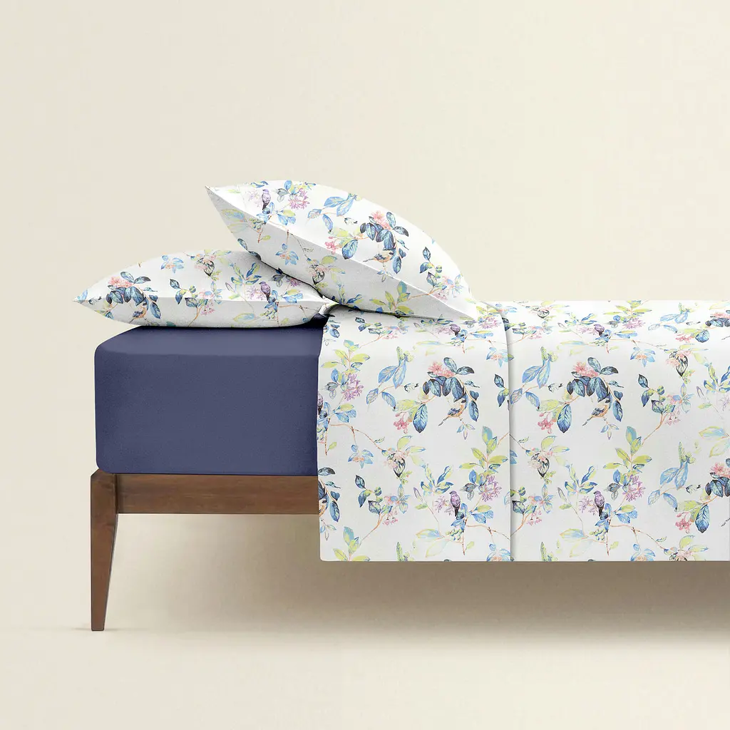 Комплект постільної білизни Cosas євро з простирадлом на резинці FLORET CS3 200 x 220 см (BirdsFlowersFoliage_El-87DarkBlue_200) - фото 2