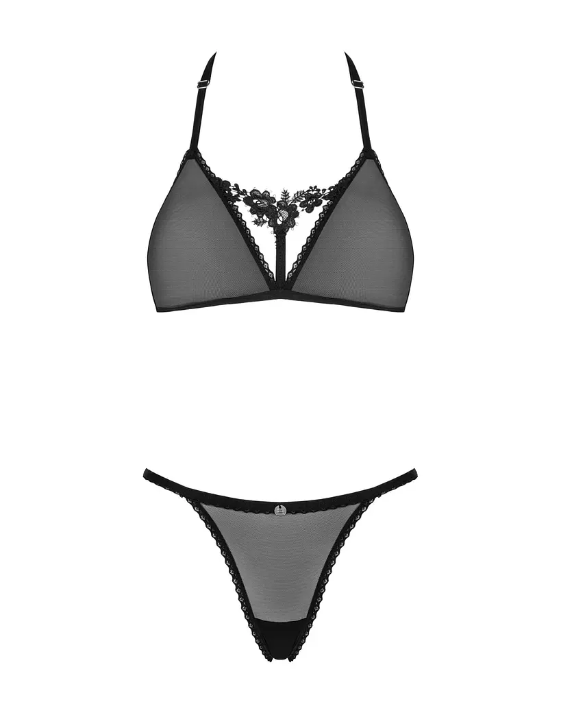 Напівпрозорий комплект Obsessive Celia Noir 2-pcs set XS/S, бюстгальтер, стрінги - фото 3