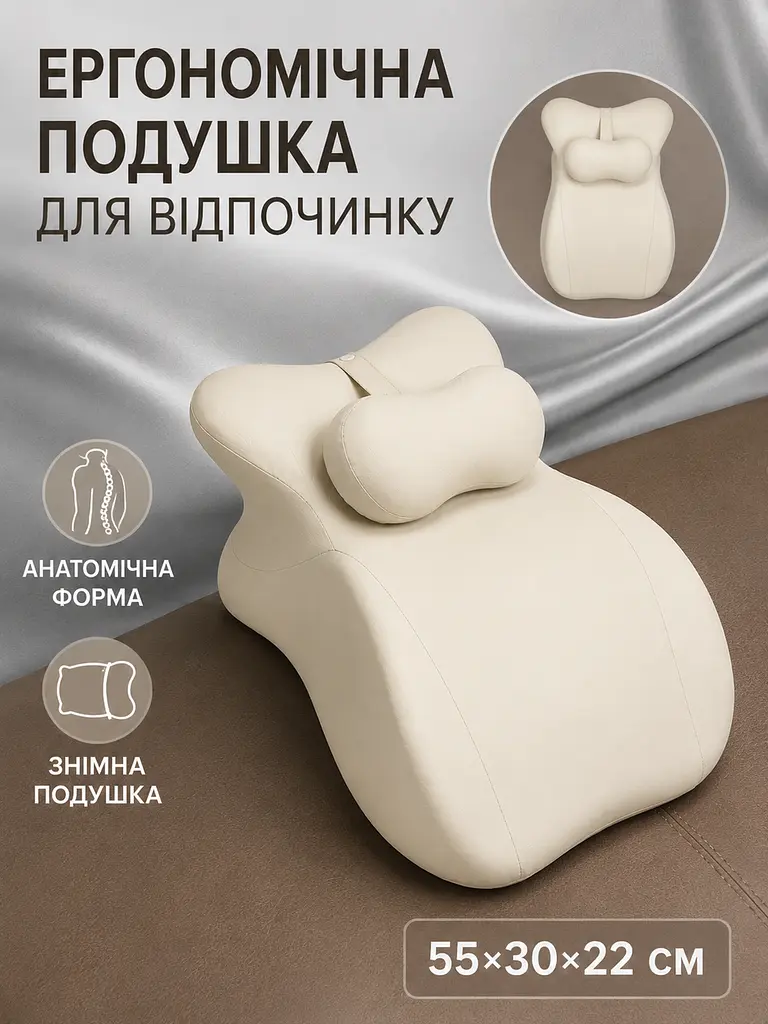 Подушка для відпочинку лежачи 55×30×22 см із підтримкою шиї та рук, бежева (49676353) - фото 4