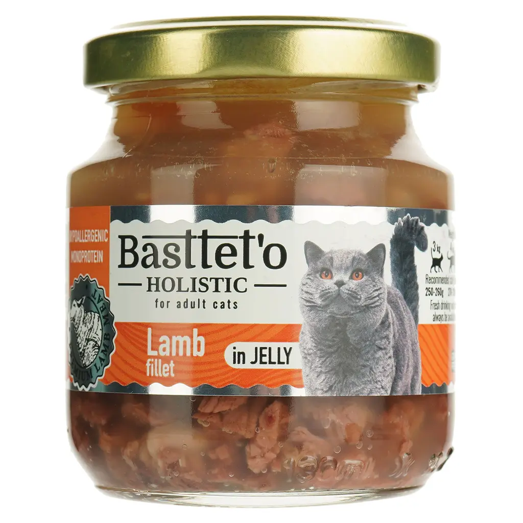 Вологий корм для котів Basttet`o Holistic шматочки філе ягня в желе 130 г скло - фото 1