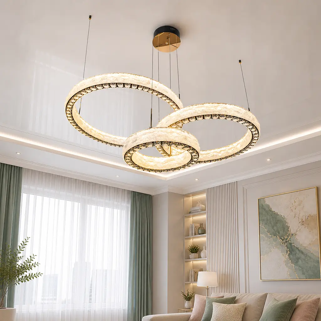 Сучасна підвісна LED-люстра Diasha 662/800+600+400GD золото, 3 кільця, 195W, 140 см, 20-35m2 - фото 2