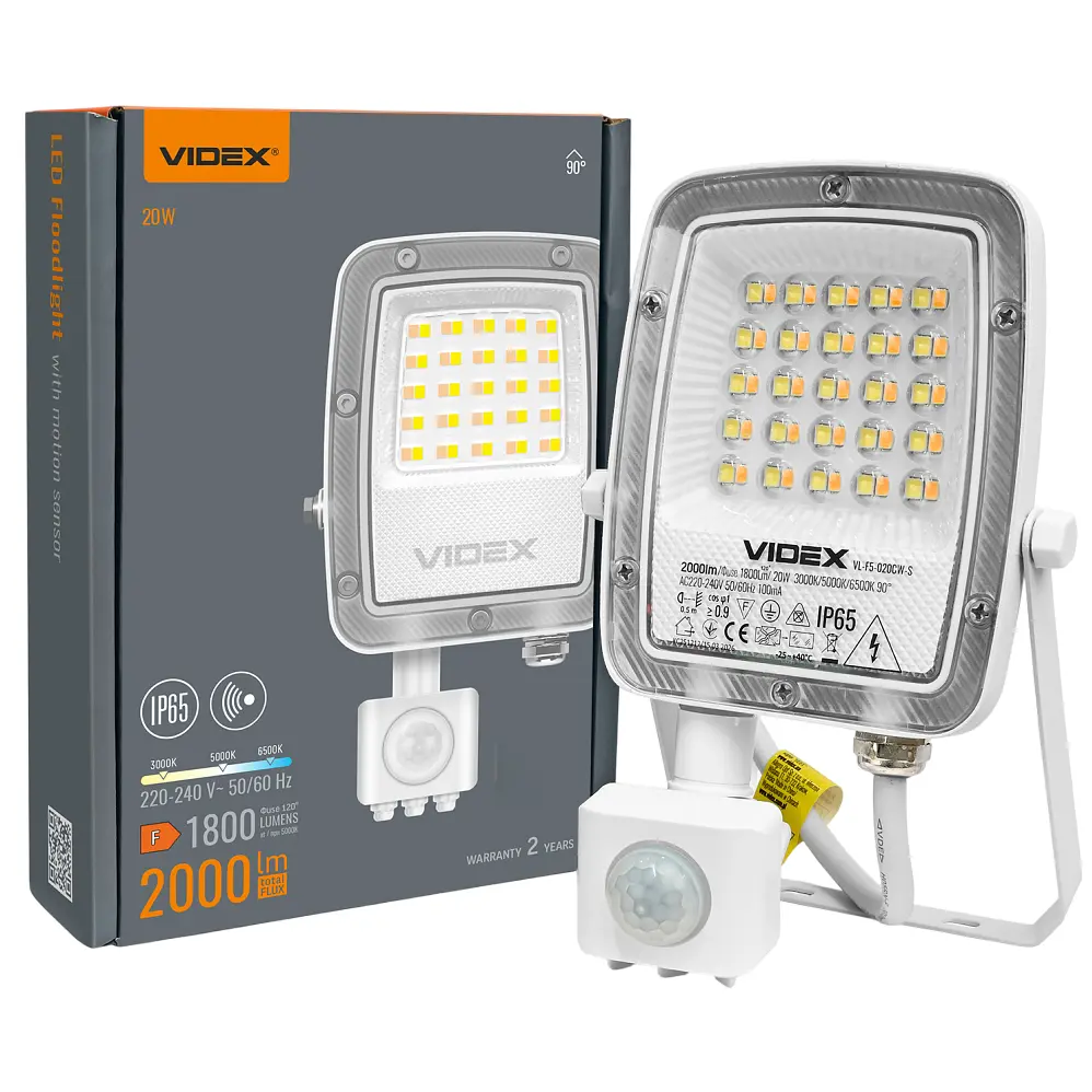 LED прожектор Videx F5 20W 3000-5000-6500K з датчиком руху 230V білий (VL-F5-020CW-S)
