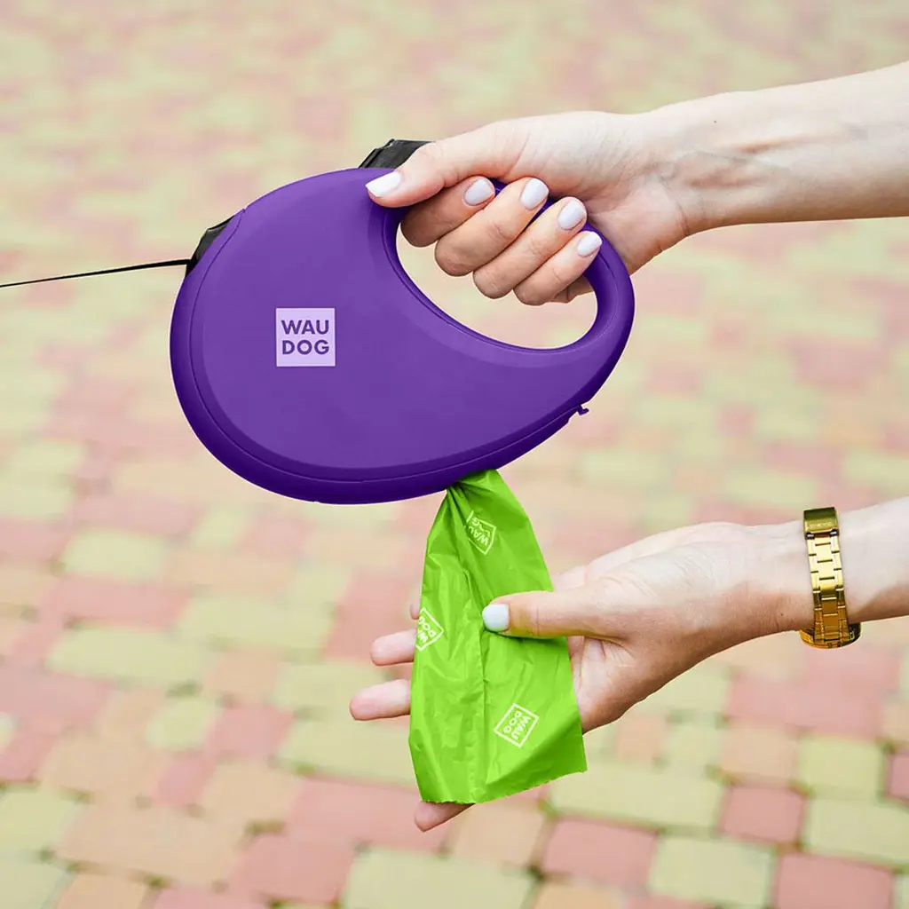 Поводок-рулетка для собак Waudog R-leash с контейнером для пакетов, светоотражающая лента, L до 40 кг, 5 м фиолетовый - фото 8
