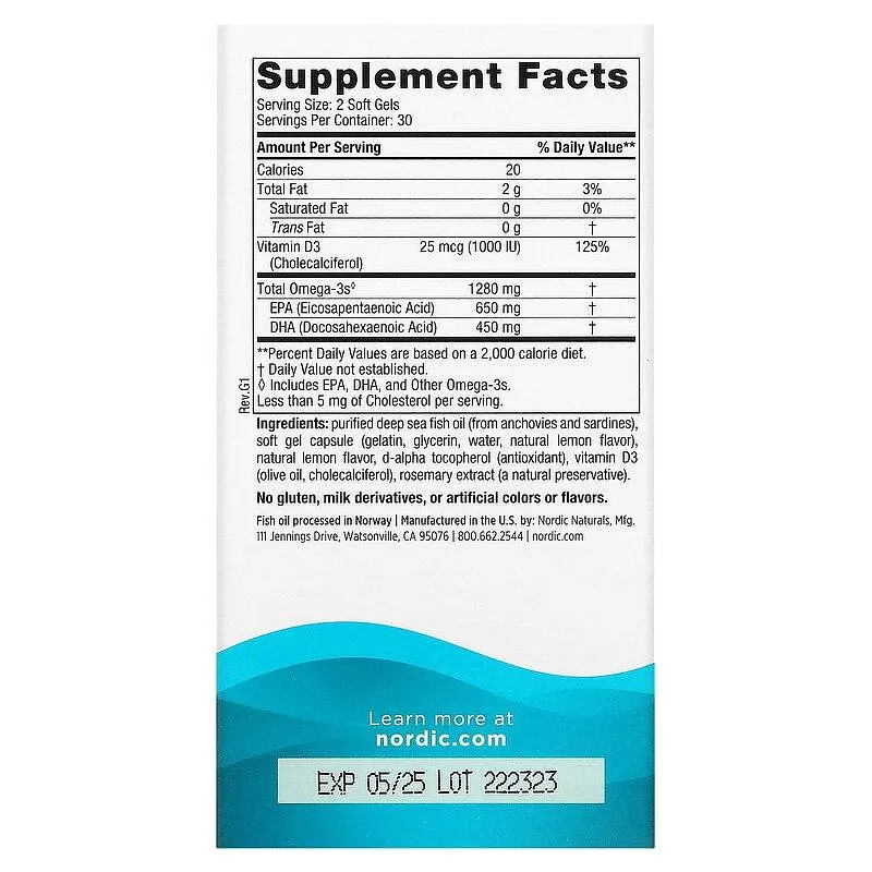 Риб'ячий жир + Д3 Nordic Naturals Ultimate Omega-D3 1000 мг 60 капсул Лимон - фото 3