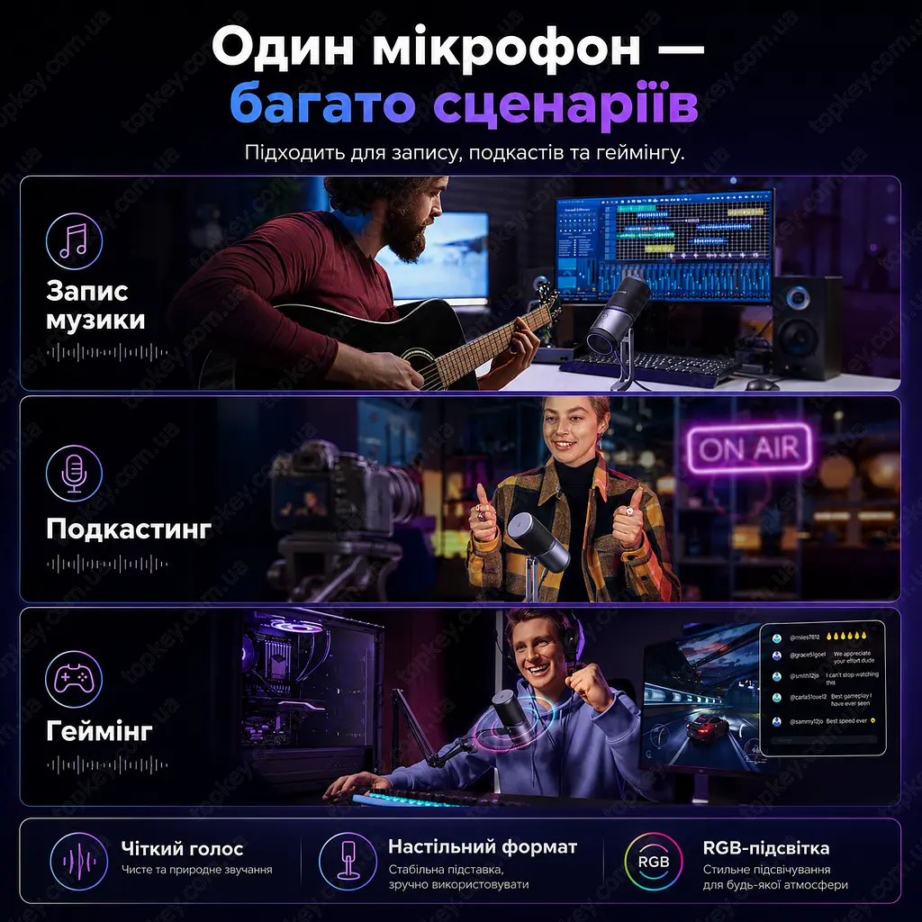 Настільний USB мікрофон UGREEN CM769 з RGB-підсвіткою та шумоподавленням - фото 9