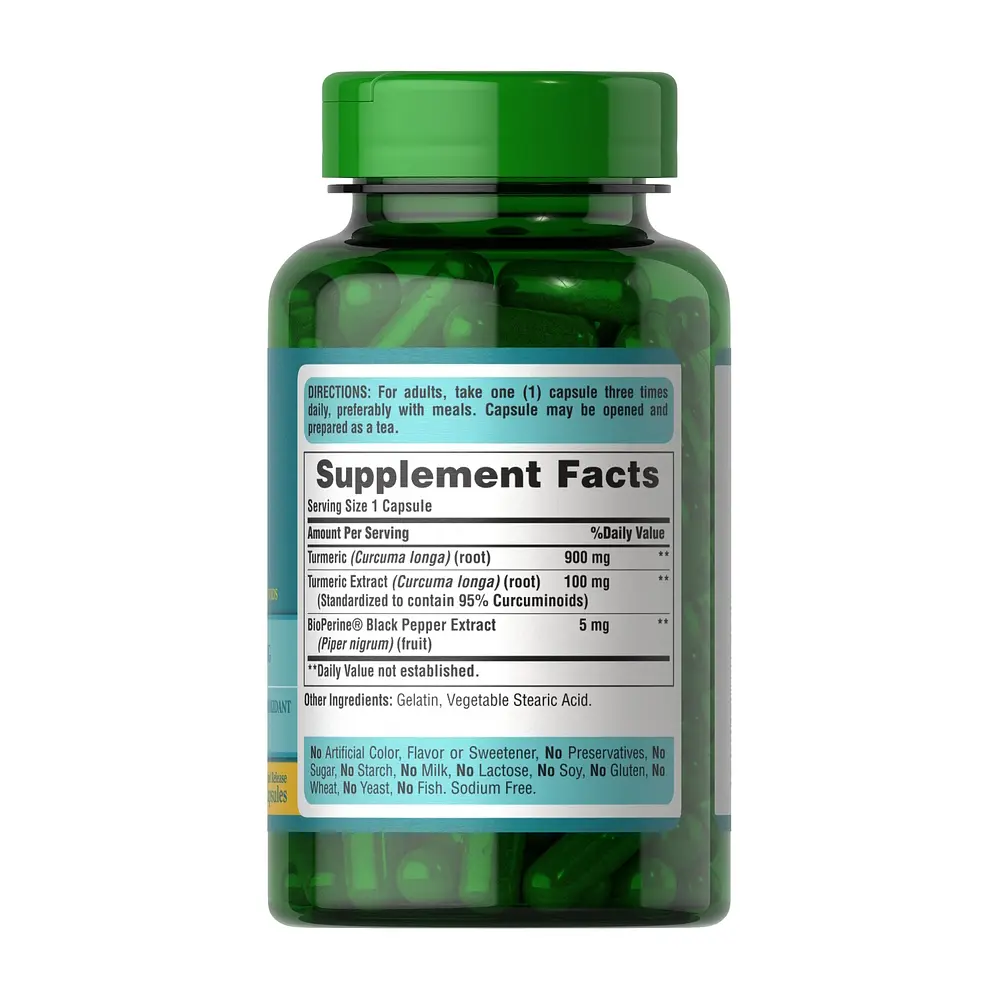 Натуральна добавка Puritan's Pride Turmeric Curcumin 1000 mg with BioPerine 5 mg 60 капсул - фото 2