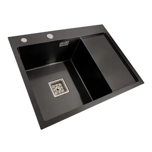Кухонна мийка Platinum Handmade PVD L з нержавіючої сталі 1.0 мм квадратний сифон 65x50x23 см чорна - фото 2
