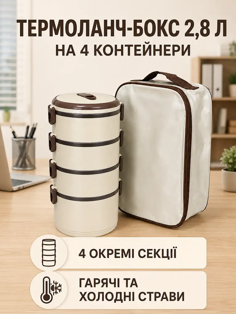 Ланч-бокс термо 2,8 л 4-ярусний з нержавіючої сталі з термосумкою для їжі 28×14 см, бежевий (49676380) - фото 4