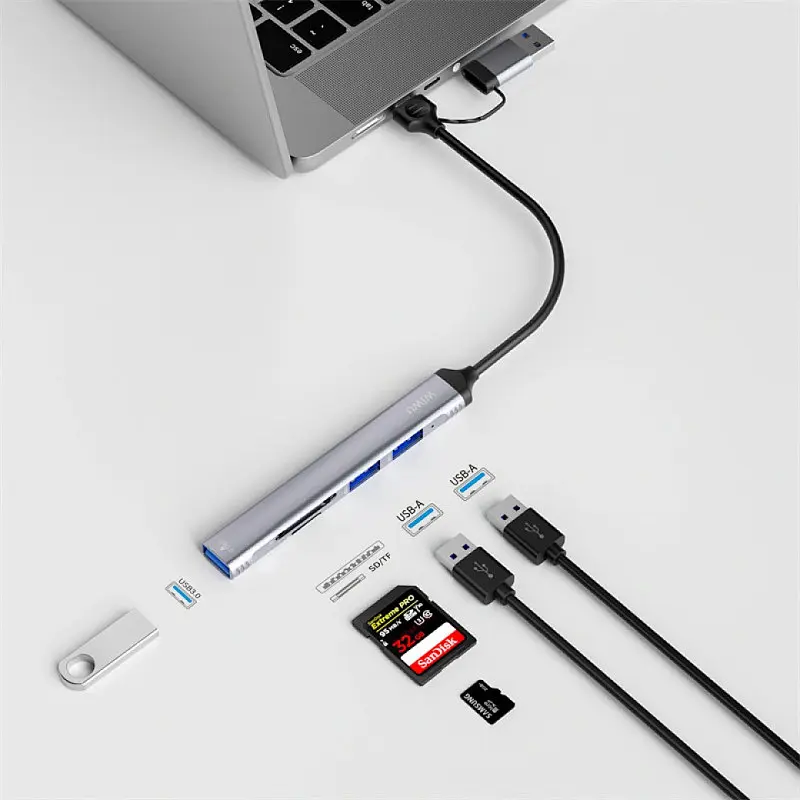 Перехідник HUB WIWU Wi-HB003 ZOLO 5 in 1 (USB-C/USB-A to 2xUSB2.0+1xUSB3.0+SD/TF) Grey - фото 5