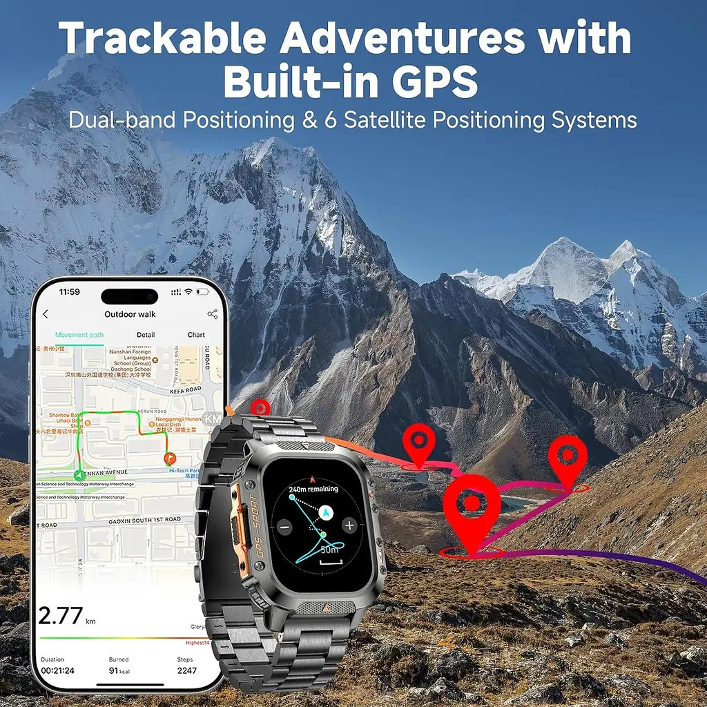 Чоловічий розумний годинник з GPS, Bluetooth дзвінками, компасом та двома ремінцями - фото 4