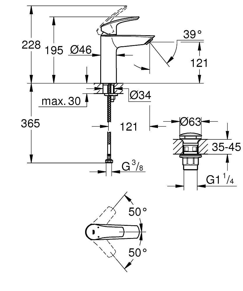 Змішувач для умивальника M-Size + натискний донний клапан Grohe Eurosmart New 23923003 Хром - фото 4