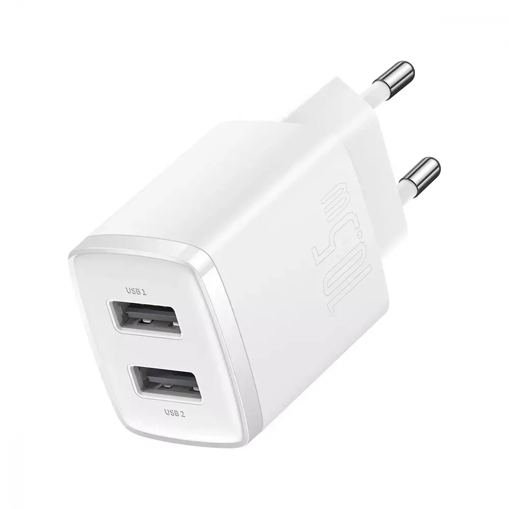 Адаптер зарядний - блок на 2 виходи Baseus Compact 10,5 W (2 USB) білий - фото 3