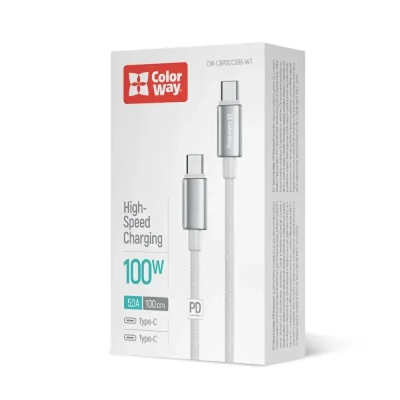 Дата кабель USB-C to USB-C 1.0m 5A 100W zinc alloy braided white ColorWay (CW-CBPDCC098-WT) - фото 5