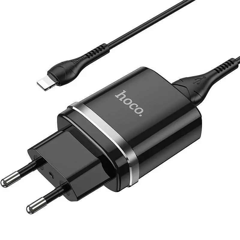 Мережевий зарядний пристрій 1USB Hoco N1 Ardent 2.4A Black + USB Cable Lightning - фото 3