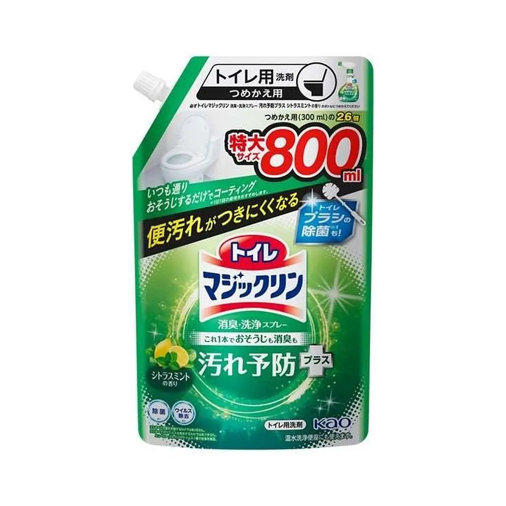 Дезодоруючий очищувальний спрей для туалету Kao Toilet Magiclean, захист від плям, цитрусова м’ята, поповнення 800 мл