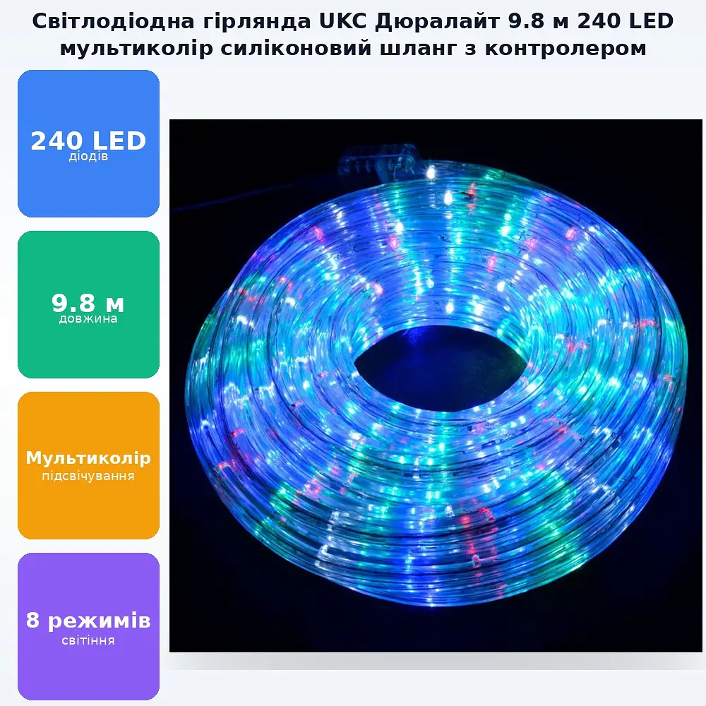 Світлодіодна LED новорічна гірлянда прозорий шланг силіконовий 9.8 м Дюралайт мульти колір - фото 2