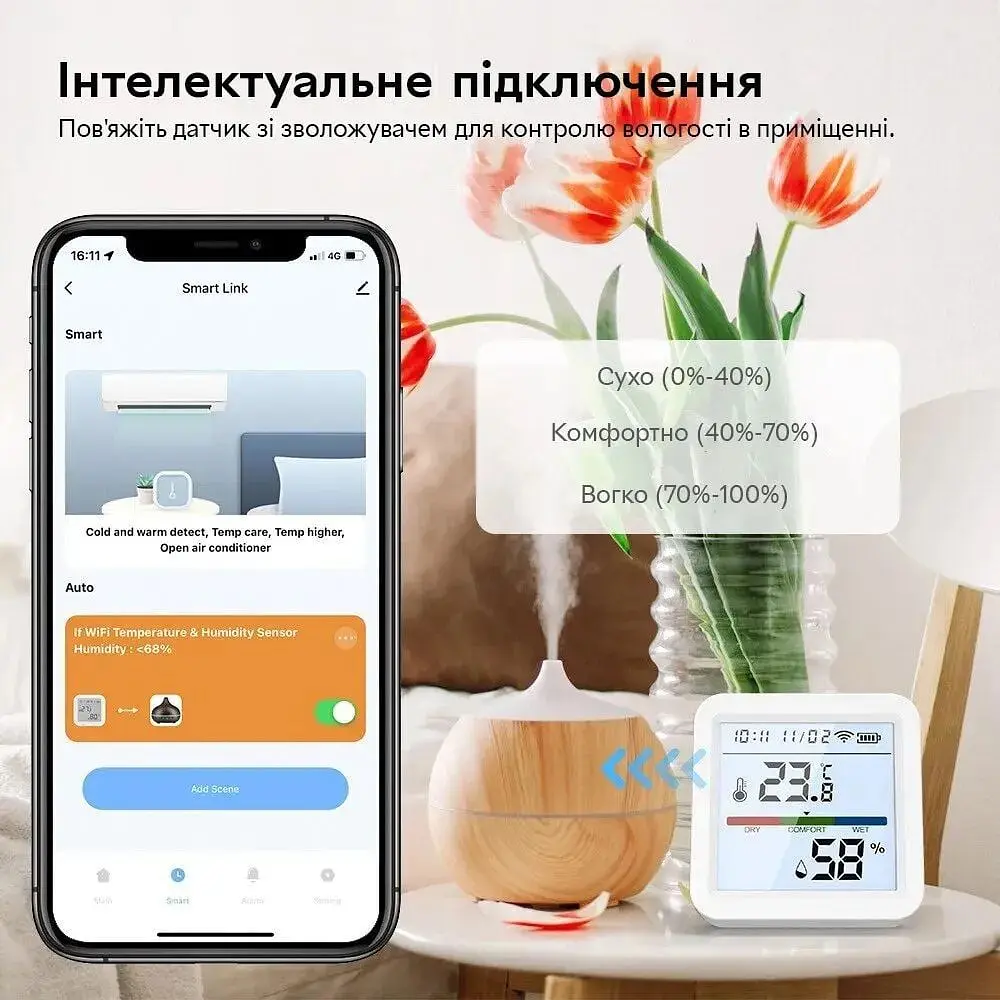 Розумний Wi-Fi датчик температури та вологості повітря Tuya SmartLife з підсвічуванням wifi термометр гігрометр White - фото 9