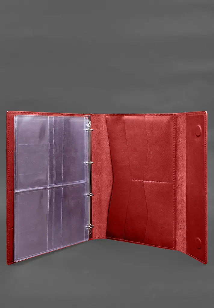 Кожаная папка для документов "Семейная" А4 на сегрегаторе с файлами красный - фото 4