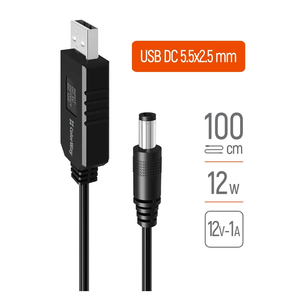 Кабель живлення USB to DC 5.5x2.5mm 12V 1.0m black ColorWay (CW-CBUD067-BK) - фото 2