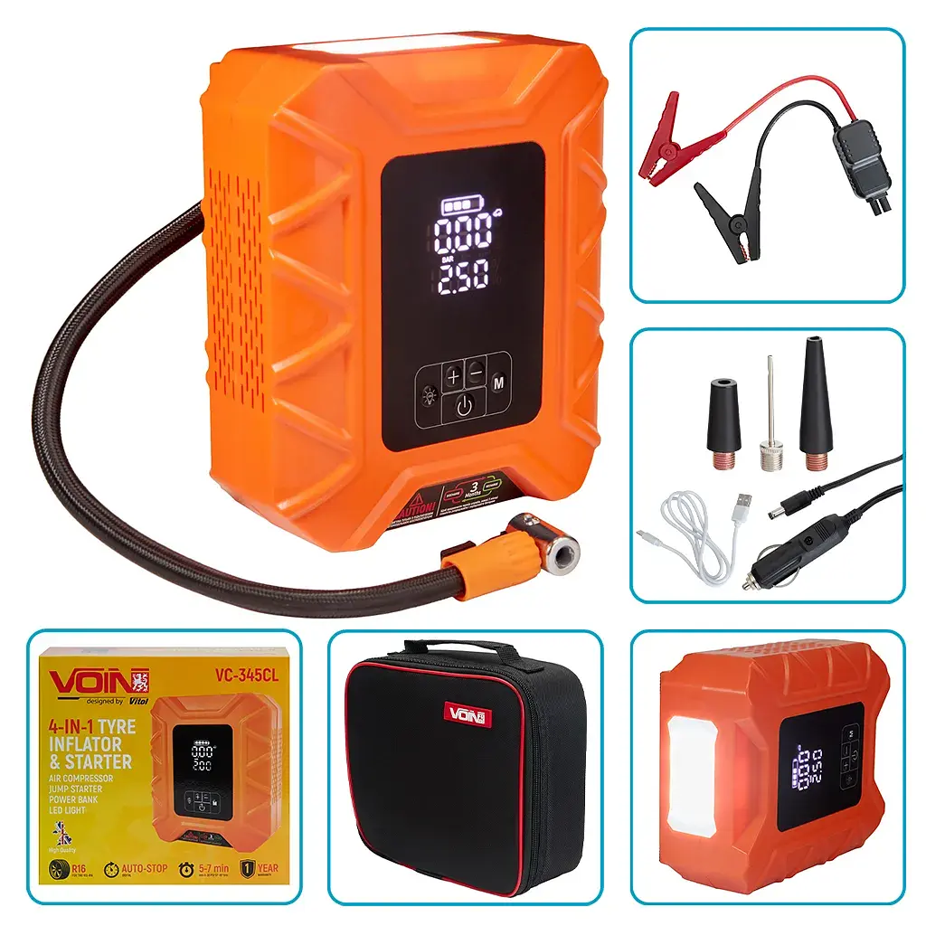 Автомобільний компресор Voin 4in1, 14.8V, 37.0Wh, 10000mAh, бустер, повербанк, ліхтар (VC-345CL) - фото 5