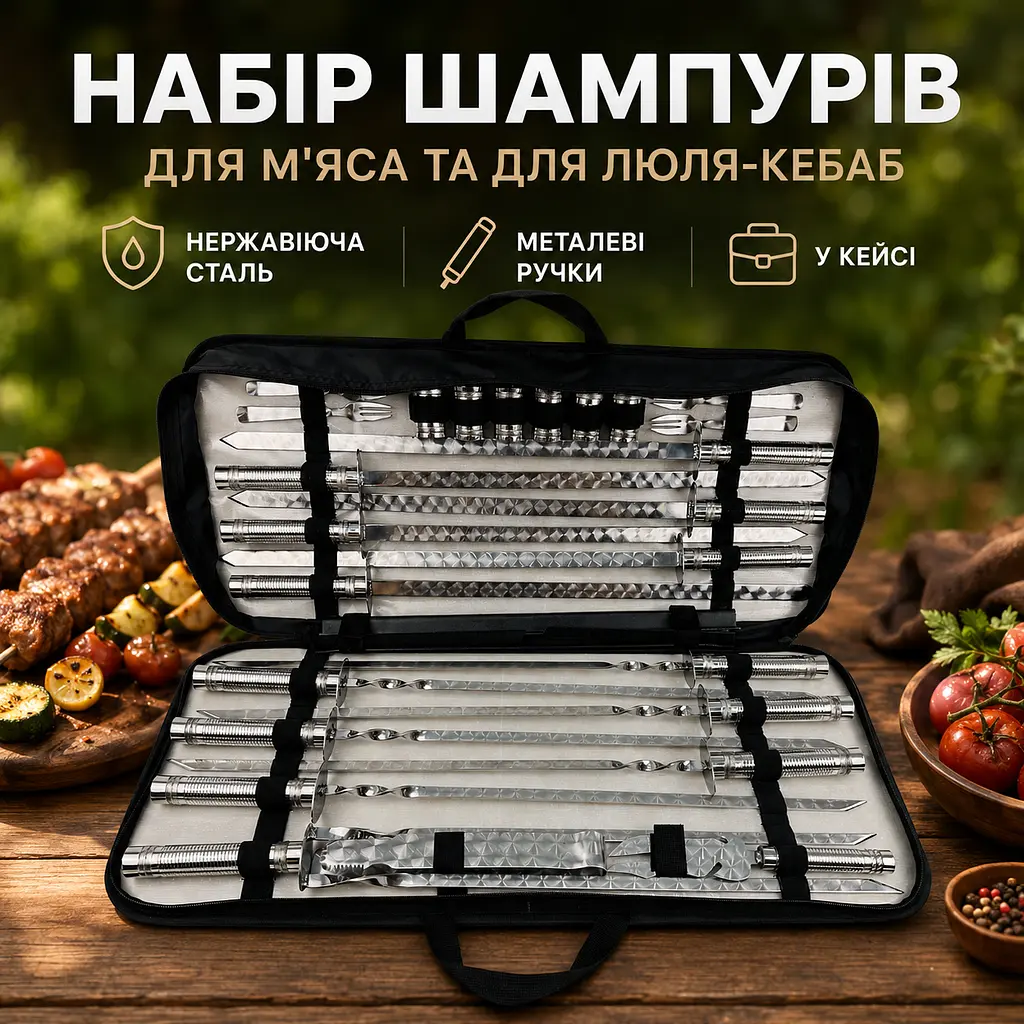 Набір шампурів для м’яса та люля-кебаб у чохлі 27 предметів з чарками, виделками та щипцями - фото 2