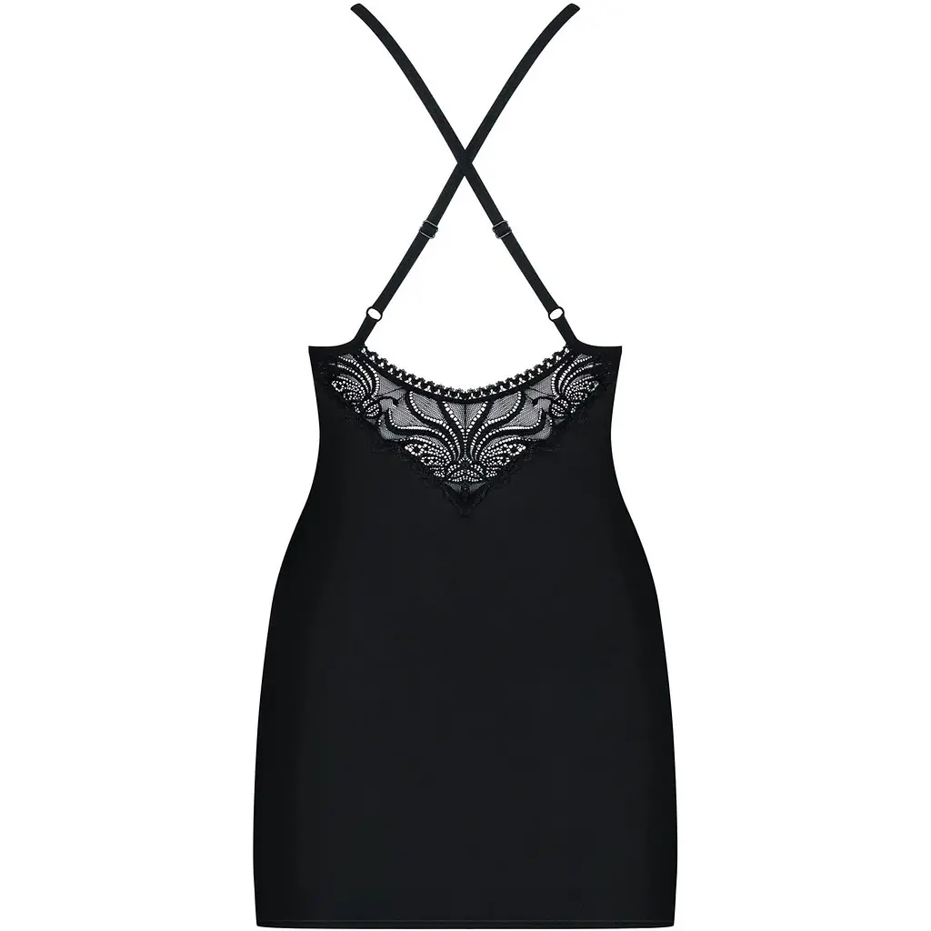 Сатиновий комплект для сну з мереживом Obsessive 828-CHE-1 chemise & Thong S/M, чорний - фото 2