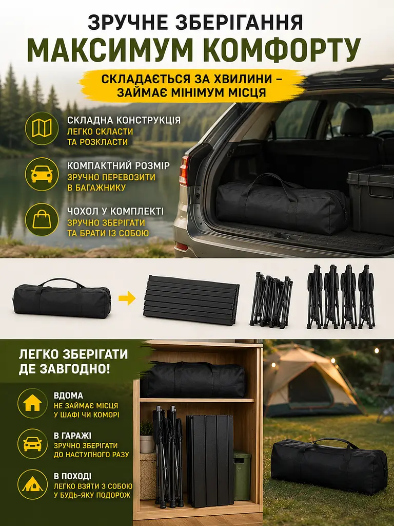 Набір туристичних меблів стіл 120×55×50 см з 4 стільцями чорний для пікніка та кемпінгу (49675942) - фото 5