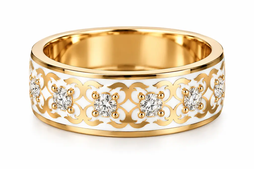 Чоловіча обручка Jewellery Continent з жовтого золота з діамантами та білою емаллю 23 (К-0870)
