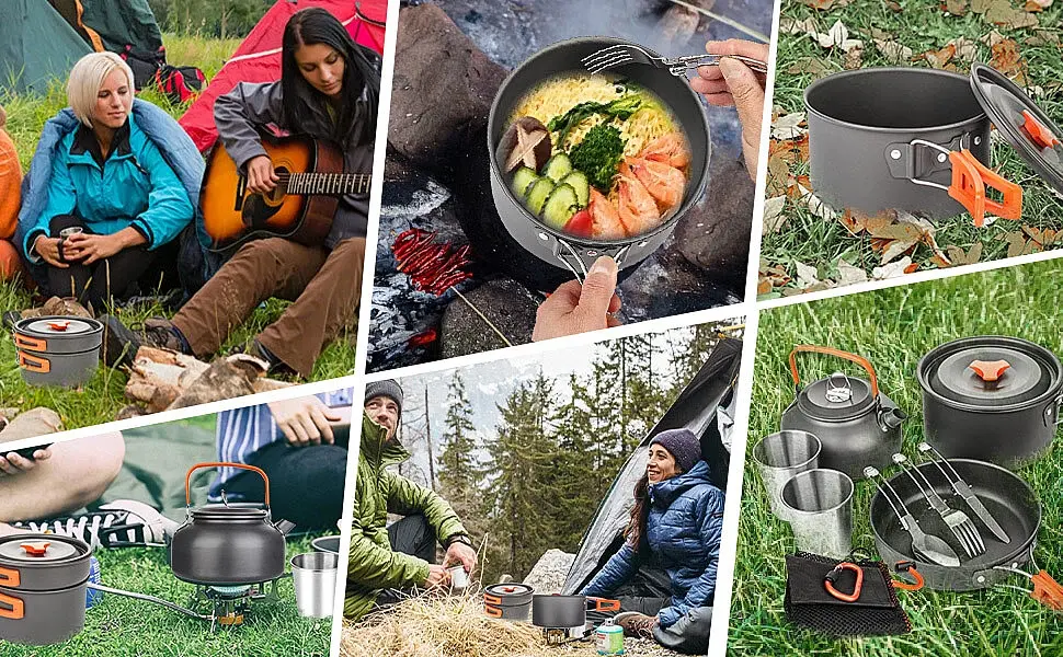 Набір туристичного посуду Camping cooking зі столовими приладами 10 в 1 / Набір посуду для походу, пікніка та риболовлі - фото 3