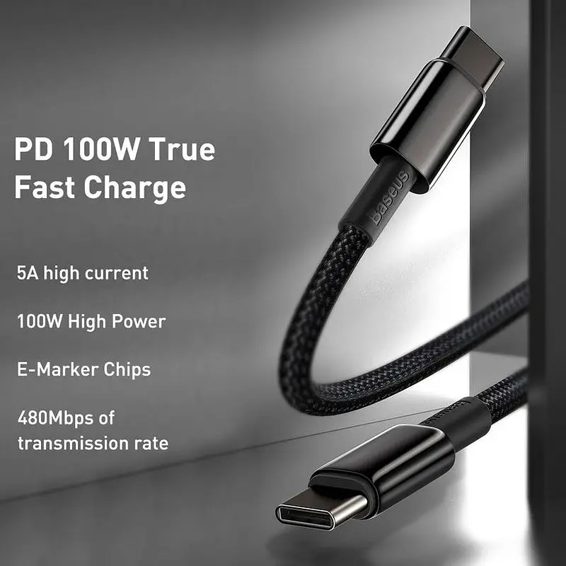 Дата кабель Baseus Tungsten Gold Type-C to Type-C Cable 100W (1m) (CATWJ-01) Чорний - фото 3