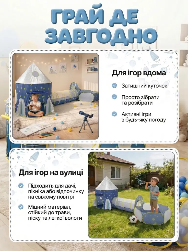Дитячий складаний ігровий намет «Космічний корабель» 3 в 1 з тунелем і сухим басейном длфя кульок синій - фото 6