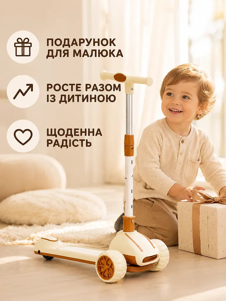 Дитячий самокат триколісний бежевий з підсвічуванням коліс музикою та регульованим кермом (49675951) - фото 5