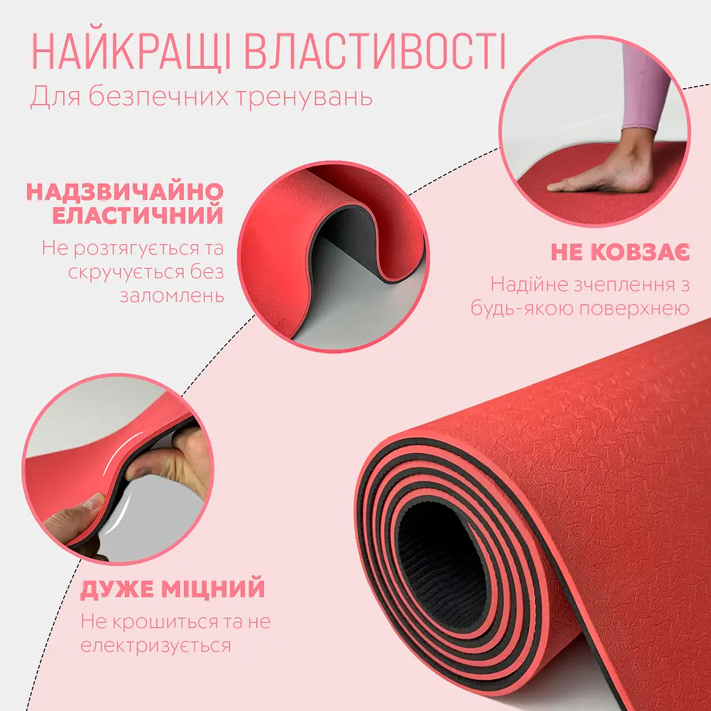 Килимок для йоги та фітнесу EasyFit TPE+TC 6мм двошаровий червоний-чорний - фото 3