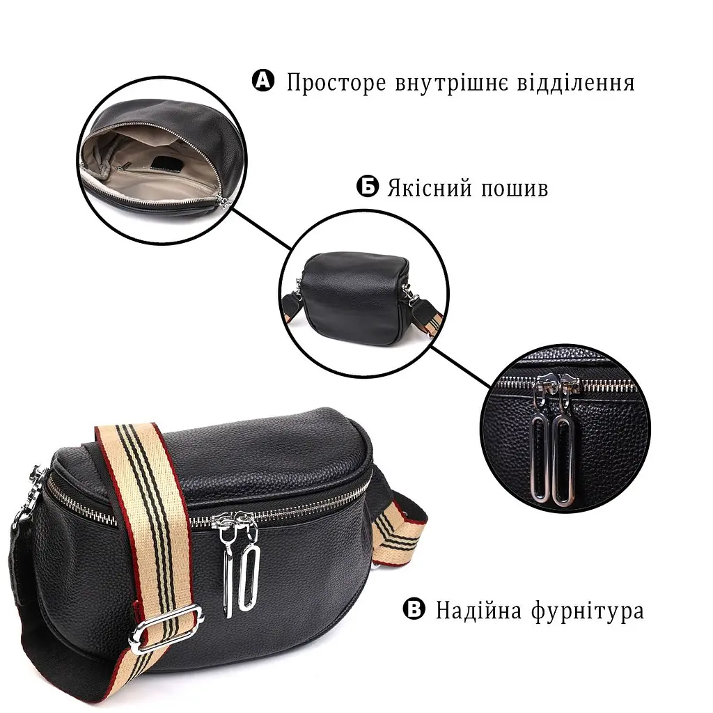 Оригінальна жіноча сумка через плече з натуральної шкіри 22122 Vintage чорна - фото 6