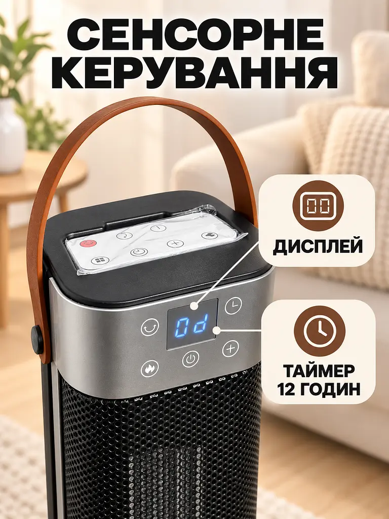Керамічний тепловентилятор 2000 Вт 65×16×16 см з пультом, таймером та ефектом каміна, чорний (49676388) - фото 4