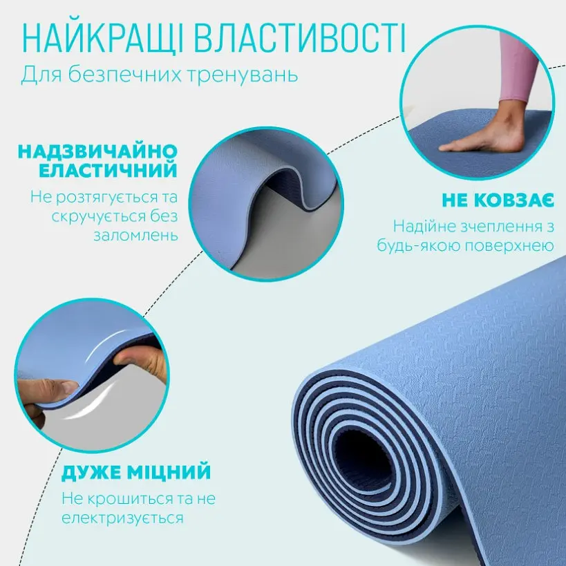 Килимок для йоги та фітнесу EasyFit TPE+TC 6 мм двошаровий, блакитний-синій + Чохол (EF-1924s-LBBL) - фото 3