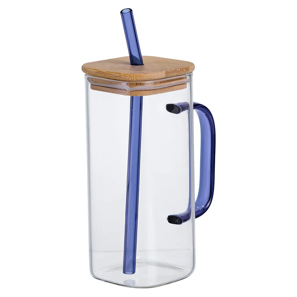 Чашка стеклянная 400 мл с бамбуковой крышкой и синей трубочкой Голубой Yiwu HP-19-146BL - фото 2