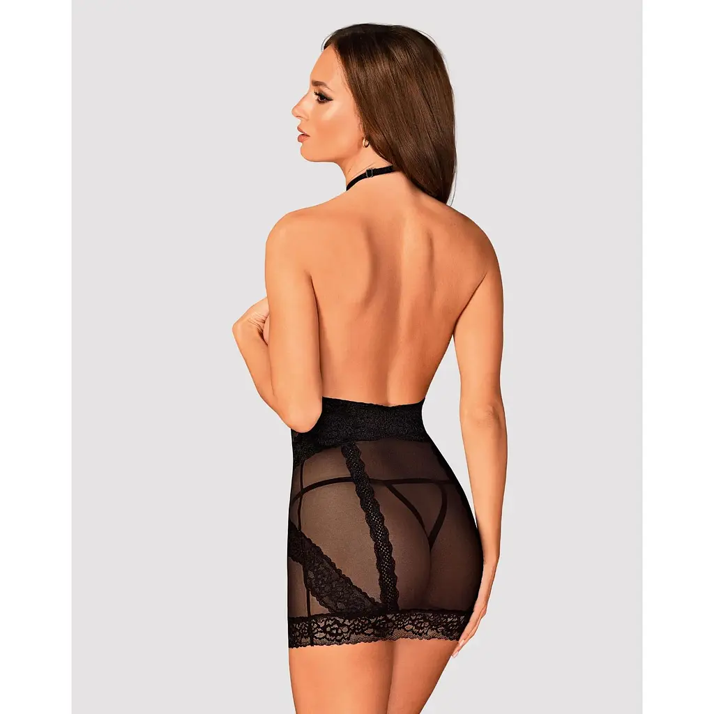 Напівпрозора сорочка з відкритими грудьми Obsessive Lacrisia chemise XS/S, чорна, з чокером - фото 6