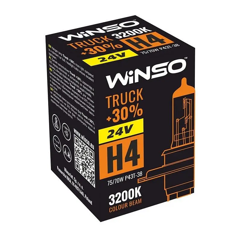 Автолампа галогенна Winso Truck + 30% / H4 / 75/70W / 24V / 1 шт (724400)