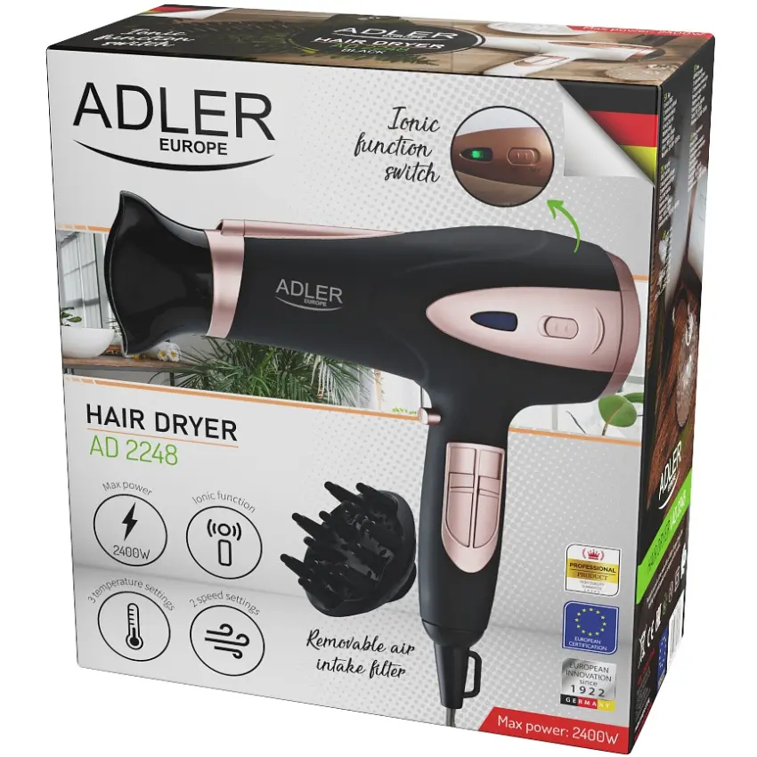 Фен Adler AD 2248 black 2200Вт/ 2 скорости/ холодный обдув/ темп.режимов-3/ ионизация/ насадки - 2 шт. - фото 6