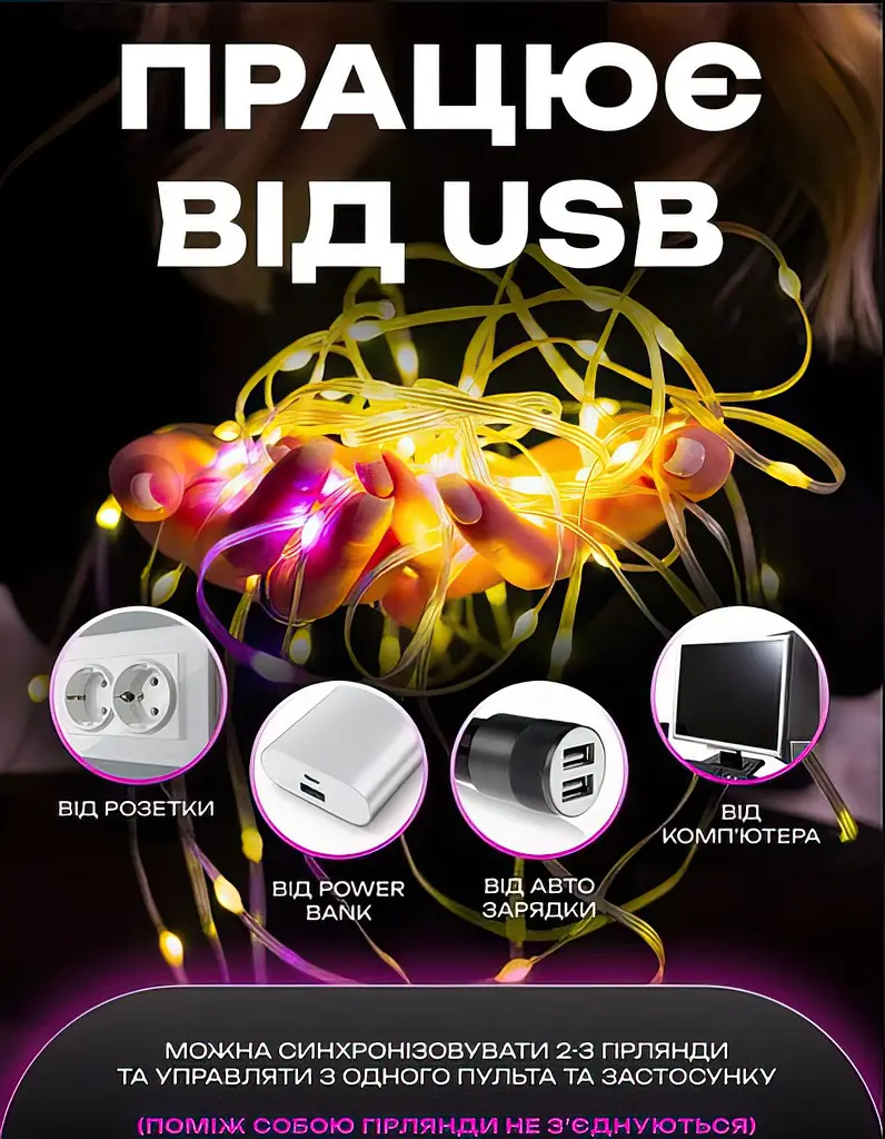 Smart LED гірлянда RGB Роса 10м Bluetooth розумна музична З керуванням телефоном кольорова світлодіодна від USB з мікрофоном UKC SF-38 - фото 12