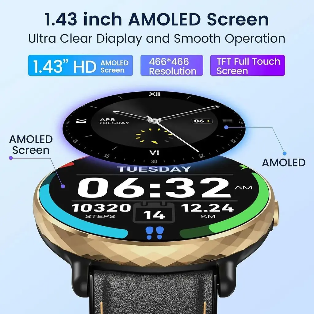 Розумний годинник для чоловіків і жінок з Bluetooth-дзвінком: 1.43" AMOLED-екран сумісний з Android - фото 3