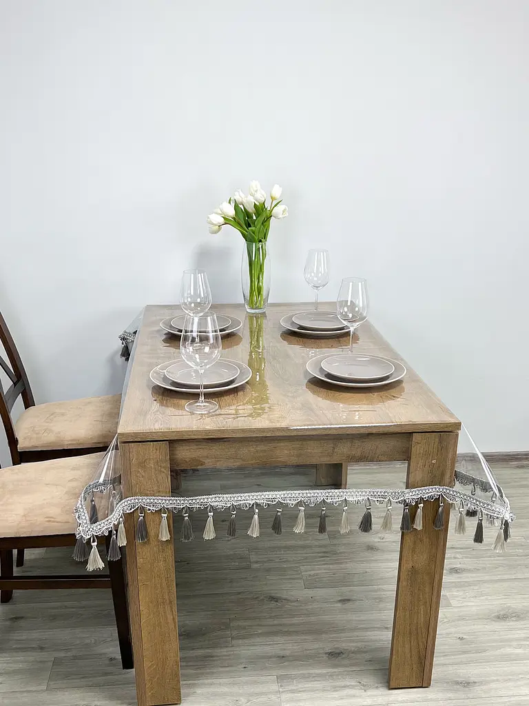 Скатертина силіконова з сіро-молочною бахромою 350х190 см - фото 6