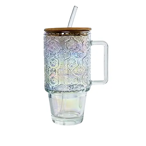 Большая стеклянная кружка с бамбуковой крышкой и трубочкой 750 мл Перламутр Yiwu HP-19-49N - фото 2