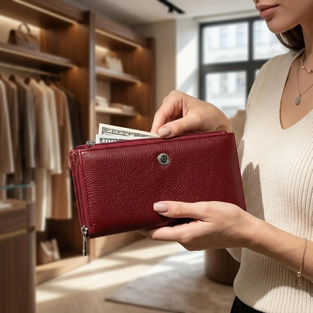 Горизонтальний тонкий гаманець зі шкіри жіночий ST Leather 19326 бордовий - фото 2