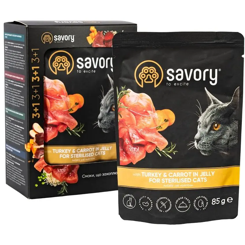 Набор влажных кормов Savory 3+1 для стерилизованных кошек, индейка с морковью в желе 340 г (4 шт. х 85 г) - фото 2