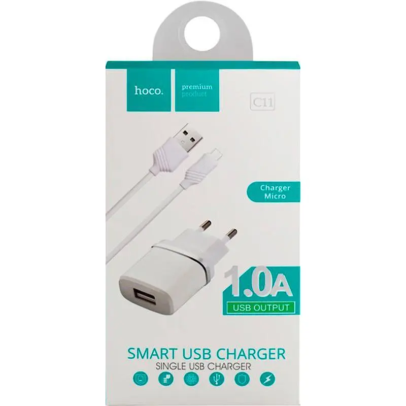 Мережевий зарядний пристрій Hoco 1USB C11 1A White + USB Cable XiaomicroUSB - фото 2