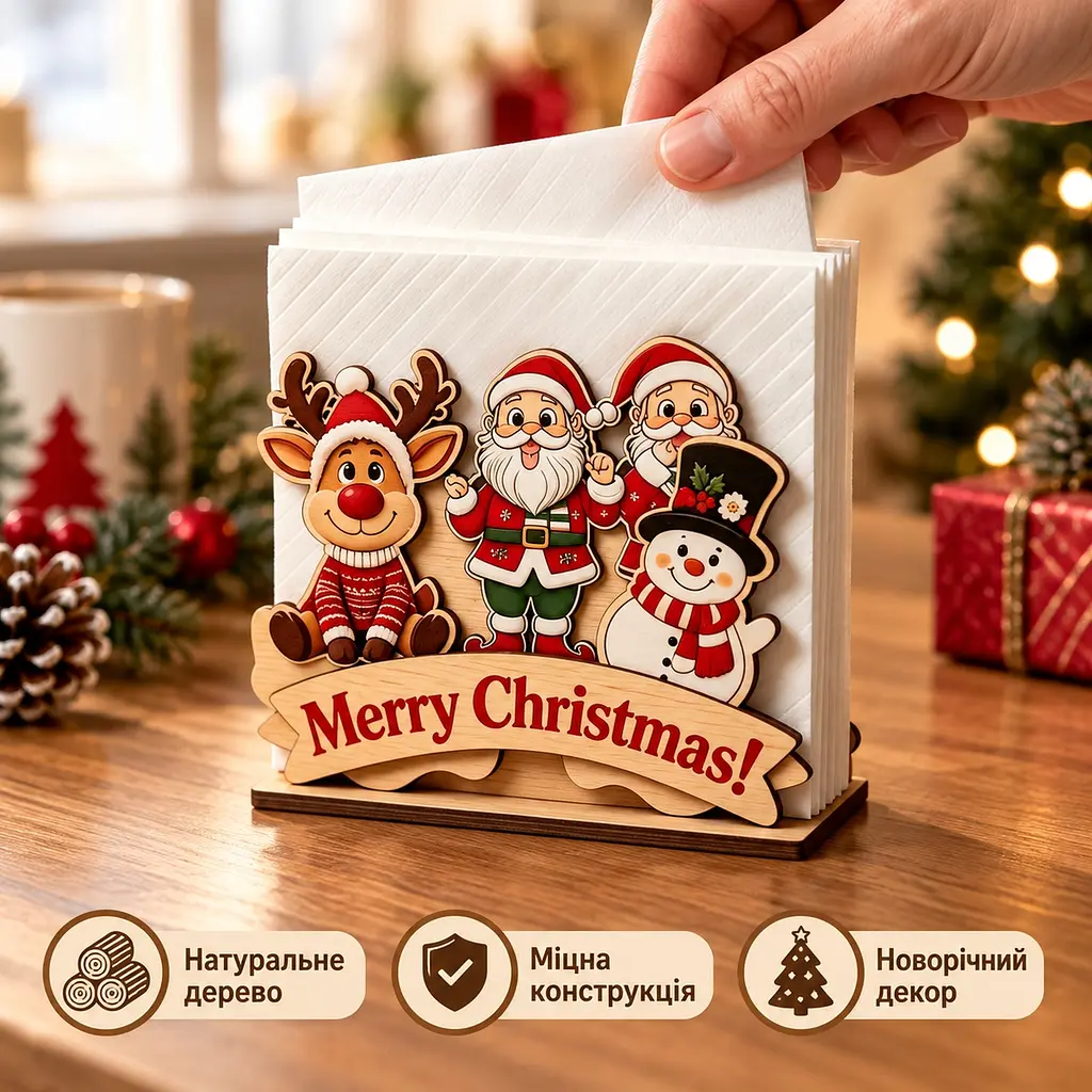 Тримач для серветок дерев'яний новорічний Санта-Клаус Сніговик Олень Merry Christmas - фото 3